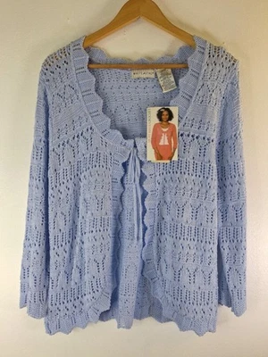 Cardigã feminino antigo WHITE STAG azul crochê malha aberta L 12/14 Y2K Boho Cottage - Imagem 1 de 4