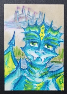 Aceo Original Drawing Sketch Card Blue Dragon King Castle Fantasy Nikki - Picture 1 of 1