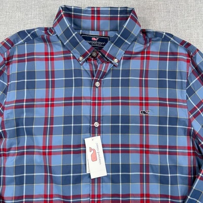 Vineyard Vines Slim Fit Whale Shirt Mens L Blue Red Plaid Stretch Button Up NWT - Image 1 of 4