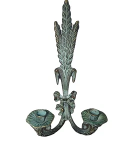 VTG Brass Wheat & Ribbon Candle Holder Wall Sconce Verdigris Patina - Picture 1 of 11