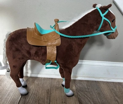 "Mi vida como caballo posable marrón y blanco con silla de montar y brida para muñecas de 18""" Foto 1 de 4
