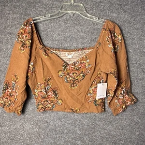 O'Neill Scotty Top rustikal braun Blumen bauchfreies Oberteil Langarm Y2K Boho Medium neu mit Etikett - Bild 1 von 10