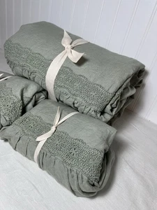 Neu GreenRow Leinen Rüschen Häkel King Bettbezug + 2 King Shams, Salbeigrün - Bild 1 von 8