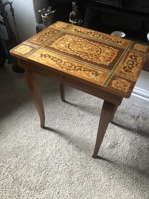 Vintage Italian Marquetry Wood Side Table Storage Musical Edleweiss Mid Century - Image 1 of 4