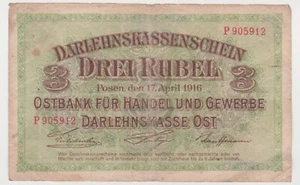Germany Latvia Lithuania Poland, 3 RUBLES Rubel 1916 P-R123 POSEN, Low grade - Picture 1 of 3