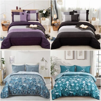 Bohemian Floral Striped Comforter Set Quilted Queen King Size Bed Pillowcase 3PC - Image 1 of 4