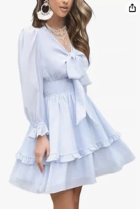 Exlura Blue XL Smocked Tiered Long Sleeve Tie Dress Beach Party Mini Aline - Picture 1 of 12