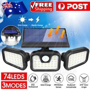 3 Head Solar Motion Sensor Light Outdoor Garden Wall Security Flood Lamp 74LEDs - Picture 1 of 13