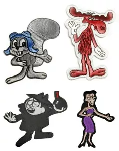 Juego de 4 personajes de dibujos animados de Rocky and Bullwinkle hierro bordado en parche - Imagen 1 de 1