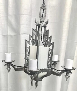 Antique 5 Arm 1920s Art Deco Gothic Silver Toned Lightning Bolt Chandelier Light - Picture 1 of 24
