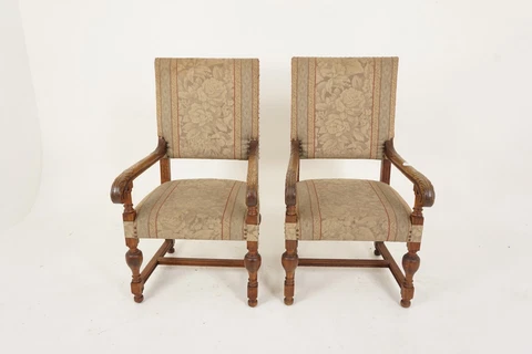 2 Carved Oak Baroque Throne Chairs, Hall or Library Chair, Scotland 1910, H678 Cover