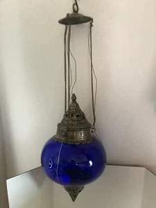 Vintage Moroccan Style Hanging Lantern Colbalt Blue Candle Holder - Picture 1 of 6
