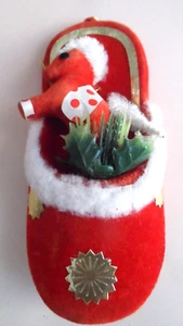 Vintage Christmas Ornament - FLOCKED SLIPPER w/TOY HORSE & HOLLY & BERRIES - Picture 1 of 4