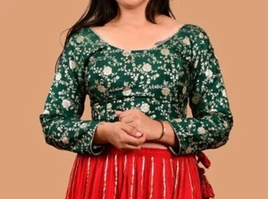 Green Banarsi Brocade Round Neck   Full Sleeves Party/Wedding Wear Saree Blouse - Picture 1 of 10