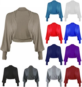 New Ladies Batwing Shrug Long Sleeve Womens Jersey Bolero Cardigan Top Size 8-26 - Picture 1 of 13