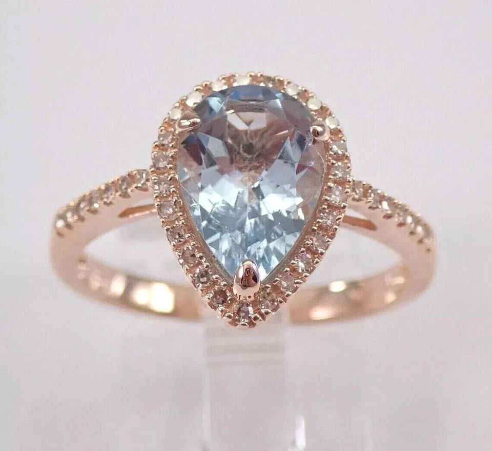 Rose Gold Plated 2Ct Pear Cut Lab-Created Aquamarine Halo Engagement WeddingRing - Изображение 1 из 1