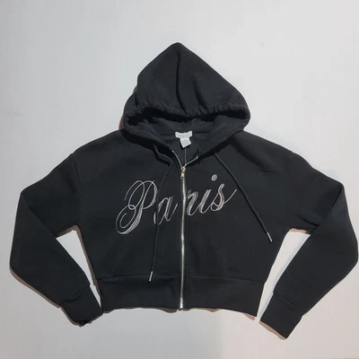Rue21 Women's Black Cropped Hoodie Paris Size XS NWT - Image 1 of 4