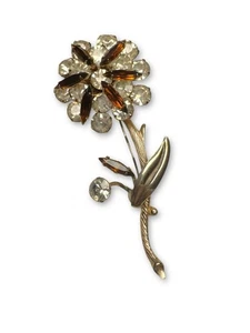 Unsigned Brown Clear Crystal Layered Glass Gold Flower Brooch - Picture 1 of 11