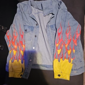 Jackson Brand Jean Jacket Flame Sleeves - Picture 1 of 2