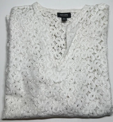 Top Nicole by Nicole Miller blanco con ojales de encaje manga 3/4 cuello en V para mujer XL Foto 1 de 4