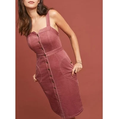 Anthropologie Sheena Corduroy Buttondown Dress Violet Mauve Overall Midi Jumper Foto 1 de 4