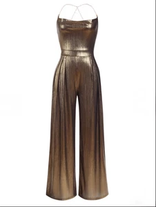 Retro Stage women’s M gold bronze metallic pantsuit romper 70s Disco pearl strap - Picture 1 of 4