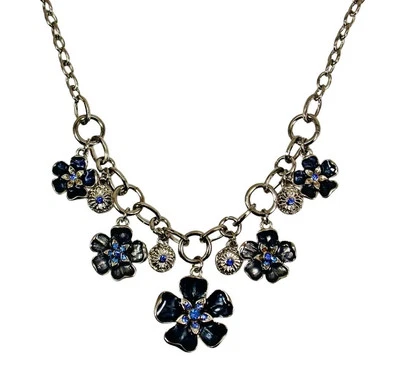 Синий кристалл цветок ожерелье с пять цветок висячие подвески, синий эмаль новый - Изображение 1 из 4