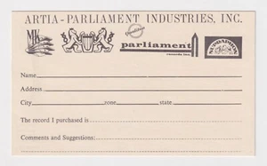 Vintage Artia Parliament record label business REPLY CARD postcard New York City - Picture 1 of 2