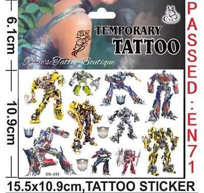 ROSIE'S TATTOO BOUTIQUE TRANSFORMERS Temporary Tattoos UK Boys Kids Fun Body Art Sticker Transfers Toys