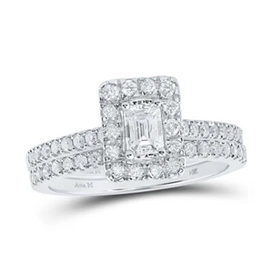 14kt White Gold Emerald Diamond Halo Bridal Wedding Ring Band Set 1 Cttw - Picture 1 of 1