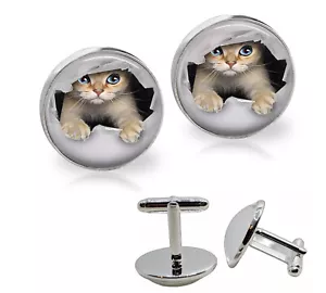 Peeking Kitty Katze Glasplatte Herren Manschettenknöpfe Handarbeit Foto Schmuck Manschettenknöpfe - Bild 1 von 1
