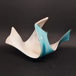 Murano-Style Centerpiece Bowl Blue & White Hand Blown Cased Glass Footed Base - Picture 1 of 7