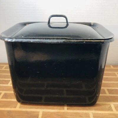 Vintage Black Enamelware Metal Refrigerator Or Storage Canister Box & Lid 5X7" - Image 1 of 4