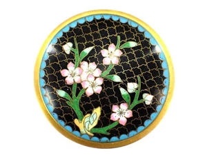 Cloisonne TRINKET DISH Black with Pink Flowers Enamel & Metal - Picture 1 of 6