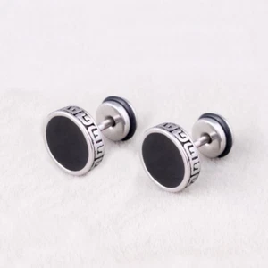 Round Black Screw Back Stud Earrings Men's Stainless Steel Jewelry Gift - Picture 1 of 3
