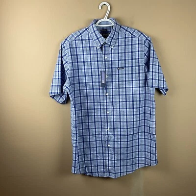 Chaps Button Down Dress Shirt Mens LT Blue Plaid S/S Cotton Polyester - Image 1 of 4