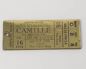 Camille 1932 Opera House Central City Colorado boleto de latón llavero artículo turístico - Imagen 1 de 9