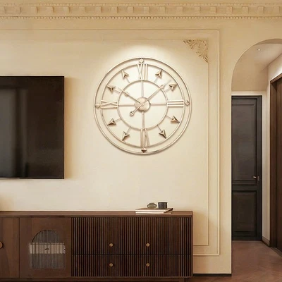 60CM Luxury Wall Clock - Large Iron Circular Arrow Silent Open Face Gold - Image 1 of 4