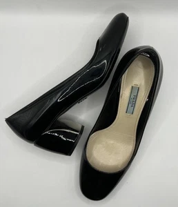 Prada Black polished leather Silver embellished block heel pumps EU 38 US 8 8.5 - Picture 1 of 16