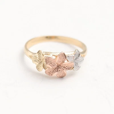 Solid 10K Gold Textured Triple Lily Flower gold Ring Size 7 - Image 1 of 4