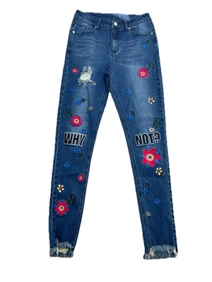 Women’s Blue Embroidered Skinny Jeans UK 8, W28 Floral Ripped - Image 1 of 4