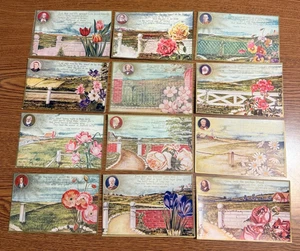 c 1910 Set of 12 Authors Quote  & Flower Postcards Longfellow Shakespeare ++ - Picture 1 of 9