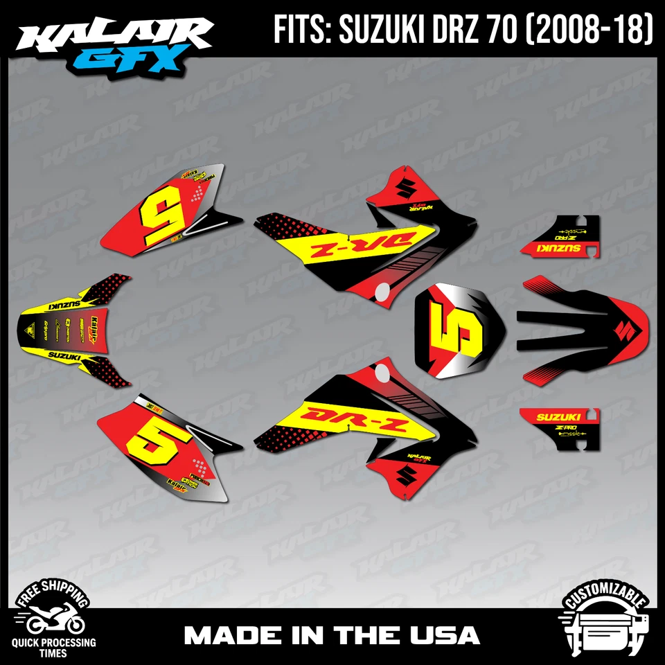 Kit de calcomanías gráficas para Suzuki DRZ70 (2008-2018) serie Turbo - rojo amarillo Foto 1 de 4