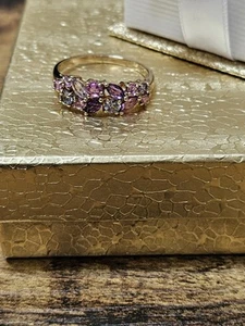 Gorgeous 9k Solid Rose Gold Fancy Cut Amethyst Pink Sapphire And Blue Topaz Ring - Picture 1 of 10