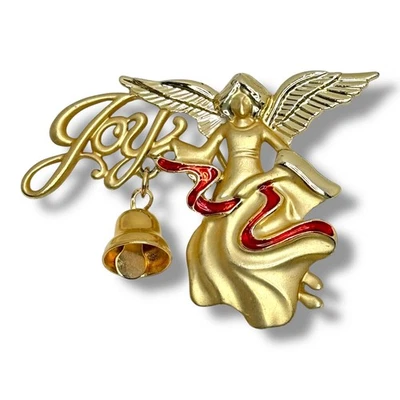 Broche Danecraft Joy Angel de la década de 1980 con campana colgante esmalte tono dorado firmado Foto 1 de 3