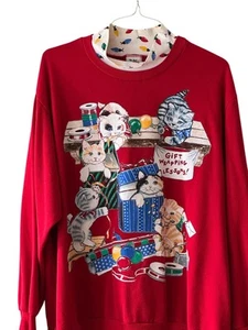 Vintage Nutcracker Red Christmas Sweatshirt Sz 3X Gift Wrapping Cats Print Art - Picture 1 of 9