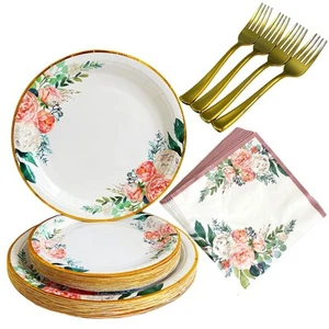 Floral Disposable Paper Plates and Napkins with Forks Tableware Set for Weddi... - Picture 1 of 6