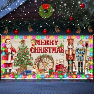 Santa Claus Shop Double Garage Door Banner Cover with LED String Light Batter... - Bild 1 von 7