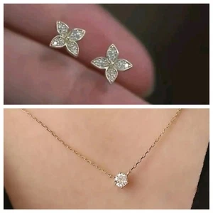 18k Gold Plated 925 Sterling Silver Minimalist Necklace Stud Earrings Set NEW - Picture 1 of 12