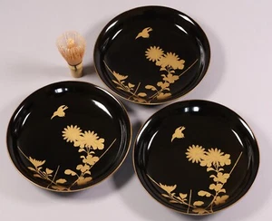 Japanese Lacquer Set of 3 Wooden Plate 8.27inch Gold Bird Tea Ceremony Meiji Era - Picture 1 of 23